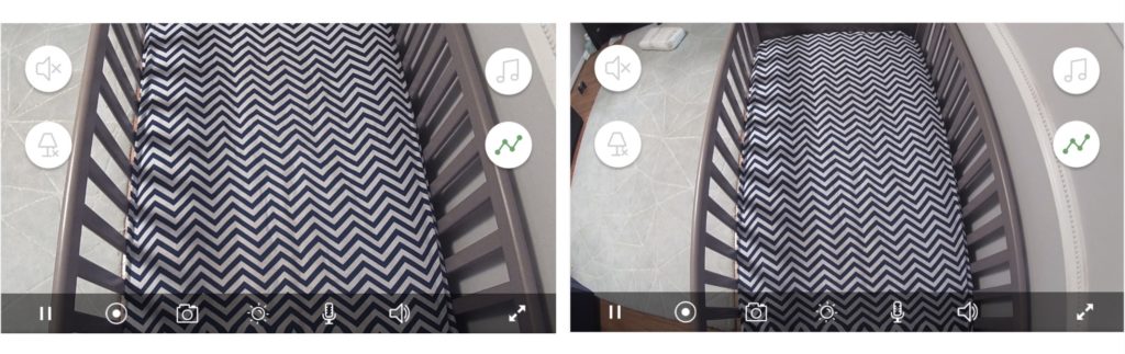 two screen shots from the Arlo Baby monitor showing 90 degree field of view vs 130 degree field of view