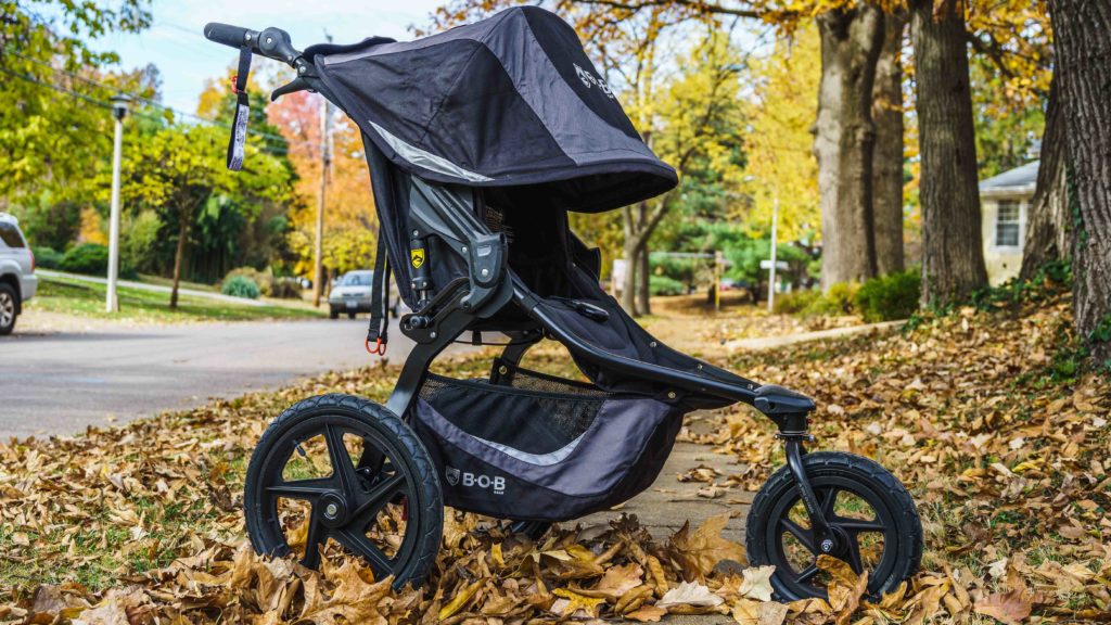 A BOB Revolution stroller in some fall leaves at a park