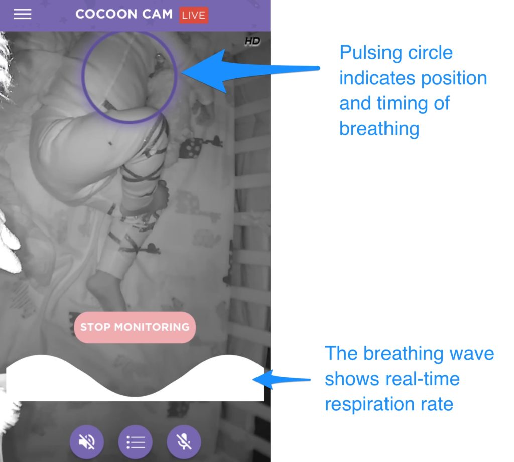A screenshot of the Cocoon Cam app displaying breathing monitoring, with arrows pointing out the features.