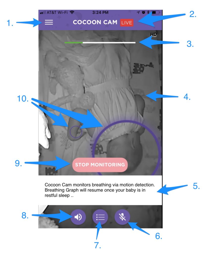 Screenshot of the Cocoon Cam homescreen with arrows pointing to various features