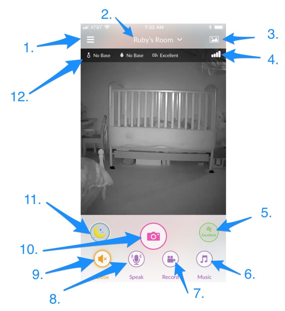 A screenshot of the iBaby Care app with arrows pointing to various controls