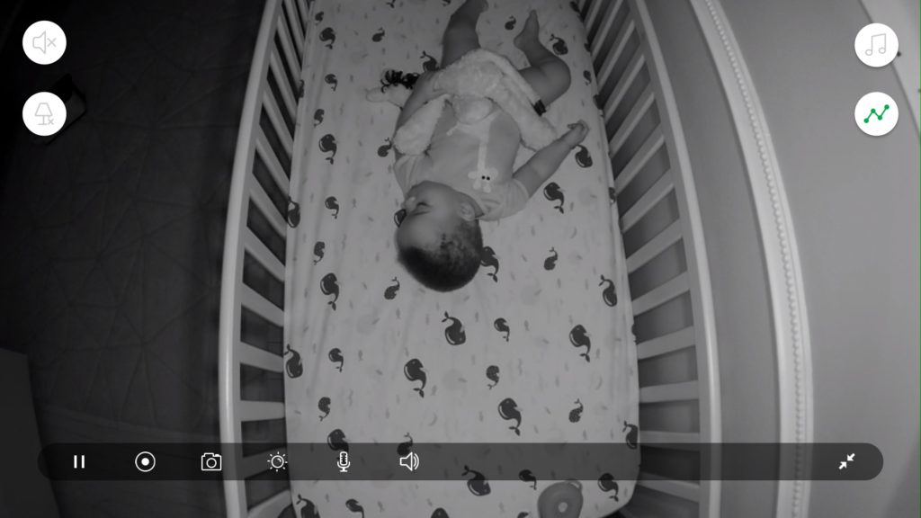 A baby sleeping in a crib shown through Arlo Baby's app