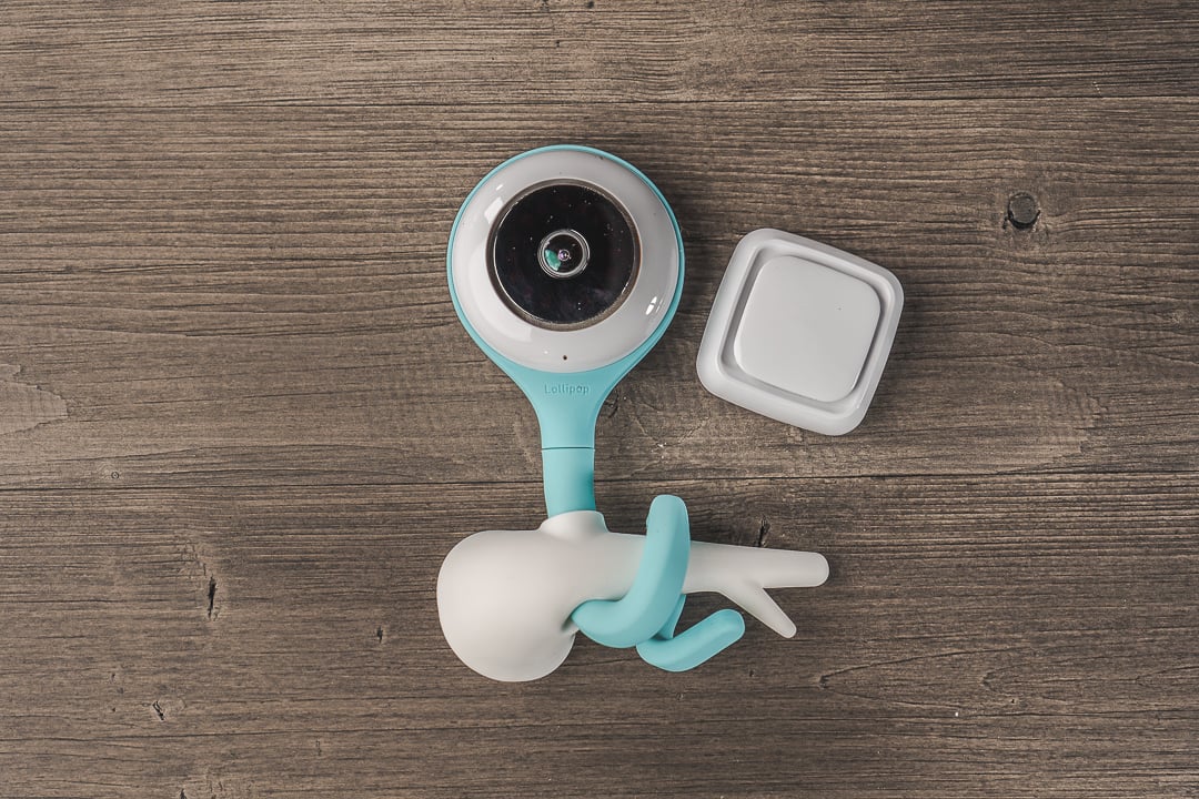 Lollipop camera, sensor, and wall mount together on a table