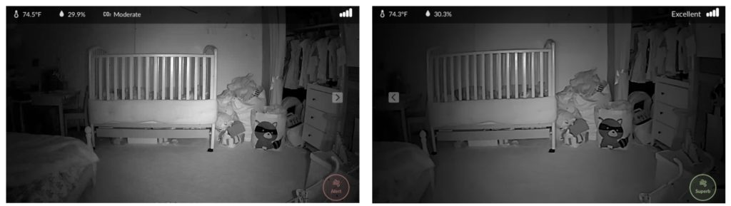 Screenshots from the iBaby M7 and the iBaby M6S, showing night vision images from both cameras.