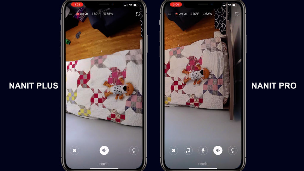 Screenshots of the same bedroom scene on the Nanit Plus and the Nanit Pro.