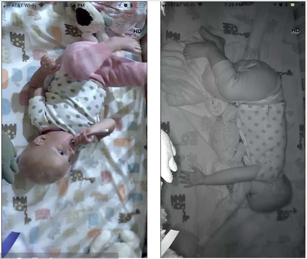 Side by side screenshots from the Cocoon Cam app of a baby brushing her teeth and sleeping