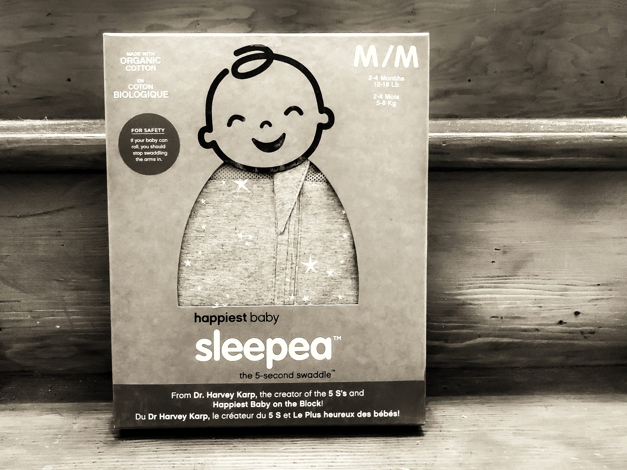 A medium Sleepea swaddle from Happiest Baby in the box