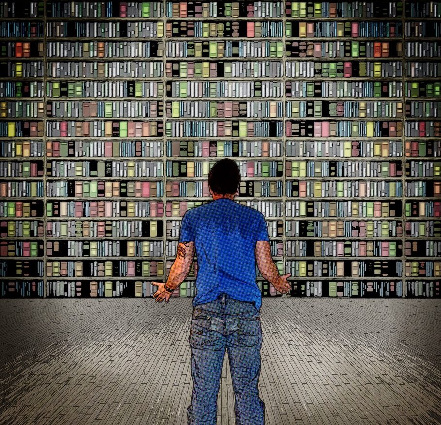 A guy looking at a wall of books, styled in graphic novel form