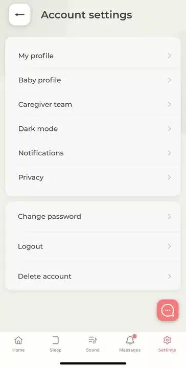 A screenshot showing Account Settings on the Cradlewise app; the third option down from the top is the "Caregiver team" option